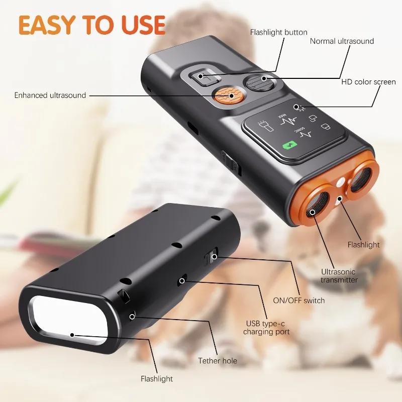 Professioneller Ultraschall-Hundeabweiser USB-wiederaufladbar HD-Display LED-Taschenlampe Bellenkontrolle Trainingsgerät Tragbar Outdoor