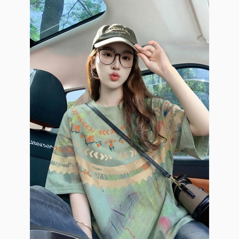 American Vintage National Trend Brand Printed Pure Cotton Short-sleeve T-shirt for Women, Summer Casual Loose Trendy Couple Short-sleeve Top