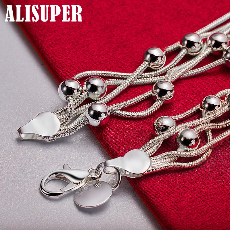 925 Sterling Silber Fünf Schlangenkettenarmband Glatte Perlen Silberarmband Schmuck