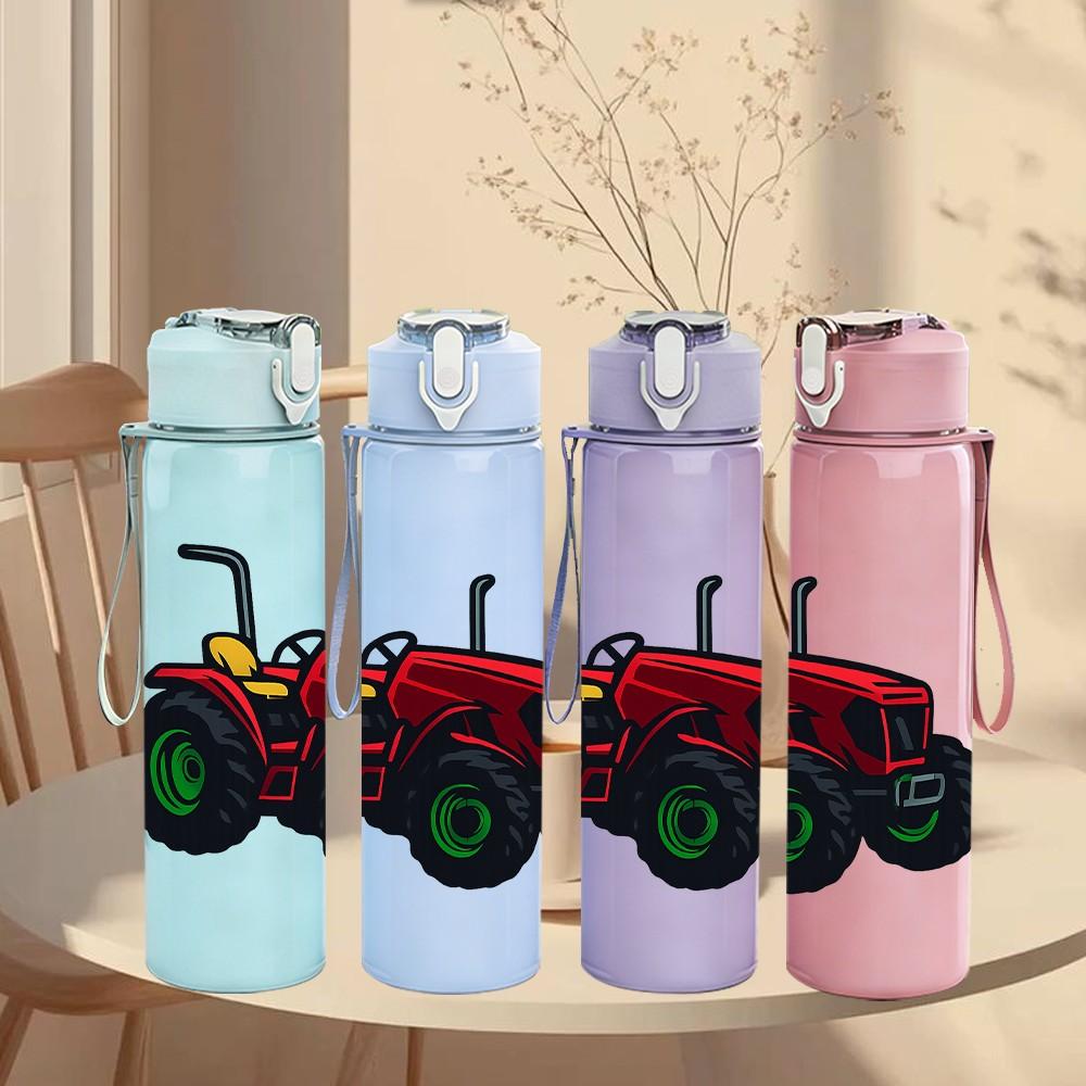 1PC Red Farm Tractor Pattern 750ml Color Plastic Sports Water Bottle Leakproof Flip Straw Lid Suitable for Sports Office Home Use