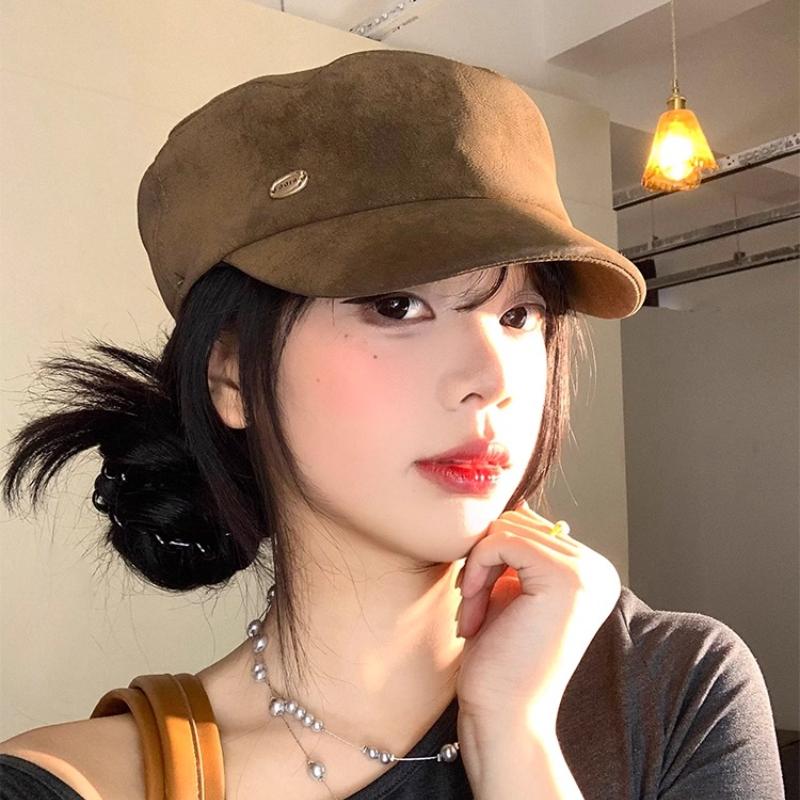 Maillard Brown Suede Flat-top Berets Cap for Women Spring and Autumn Casual Versatile British Style Retro Equestrian Hats Men