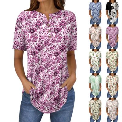 Dámské topy s krátkým rukávem, letní trička, květinový potisk, výstřih do V, ležérní základní trička s knoflíky, tuniky