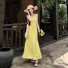 Seaside Summer Yellow V-neck Sleeveless Long Dress Women's Summer Gentle and Sweet Waist and Thin Skirt