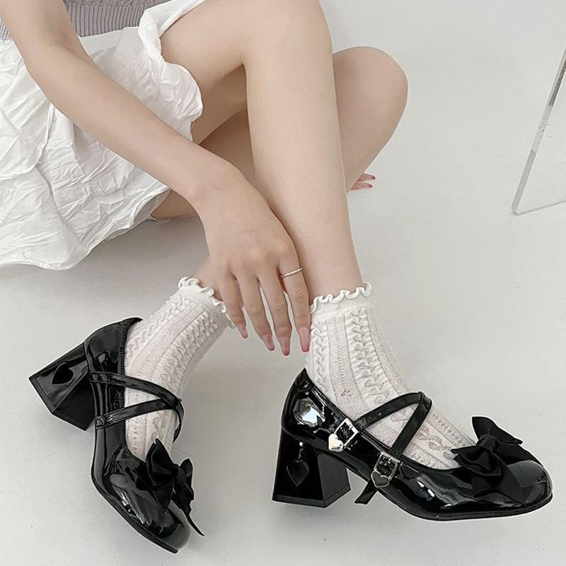 Autumn Thick Heel Women Mary Jane Shoes Elegant Butterfly-knot Party Dress Ladies Leather Pumps