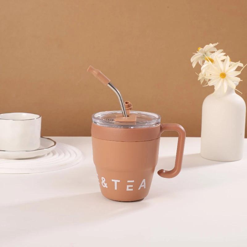 Stainless Steel Thermos Coffee Mug with Handle Portable Office Home Breakfast Milk Water Tea Cup with Lids and Straw Drinkware