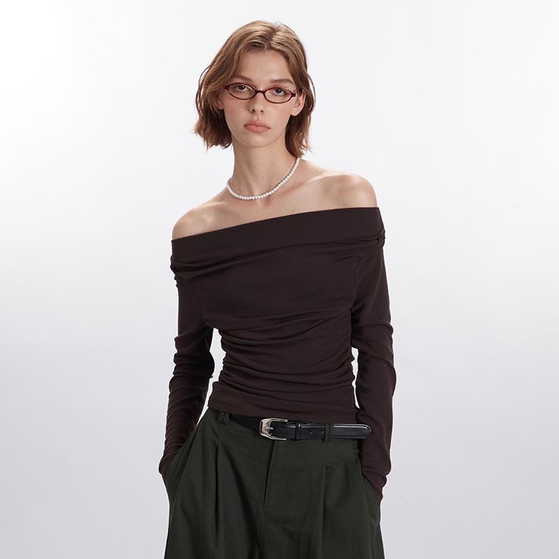 HeyHenry Herbst 2025 Wasserfallausschnitt Ein-Schulter-Top für Damen - Unregelmäßiges Design, Lange Ärmel, Kurzer Stil