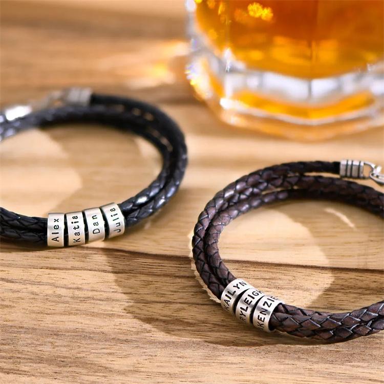 Factory Personalized Leather Bracelet 925 Sterling Silver Custom Name Beads Bracelet for Men