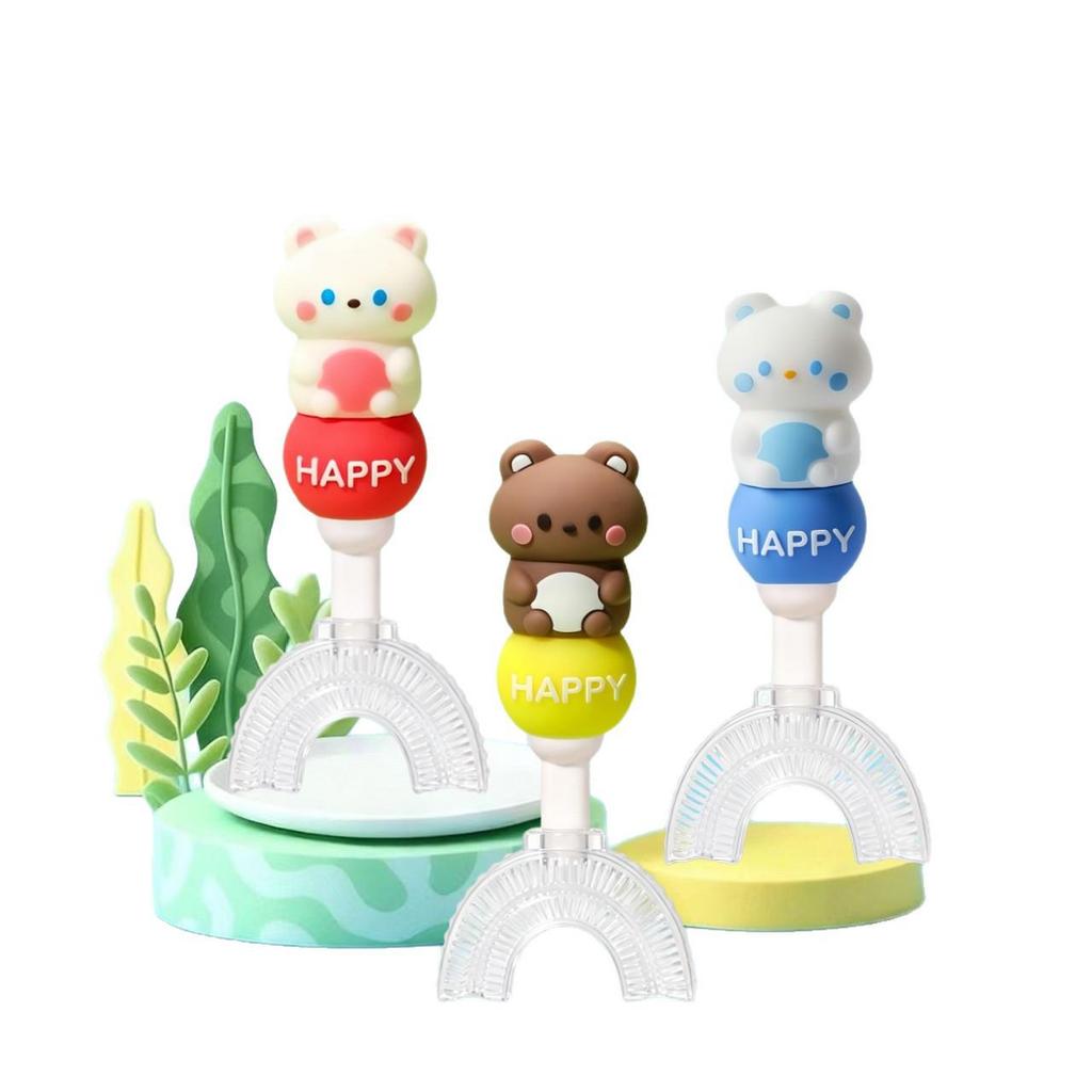 Children's U-Shaped Toothbrush (1-12 Yrs) - Soft Bristle Silicone Brush with Cute Bear Design, Non-Slip Handle