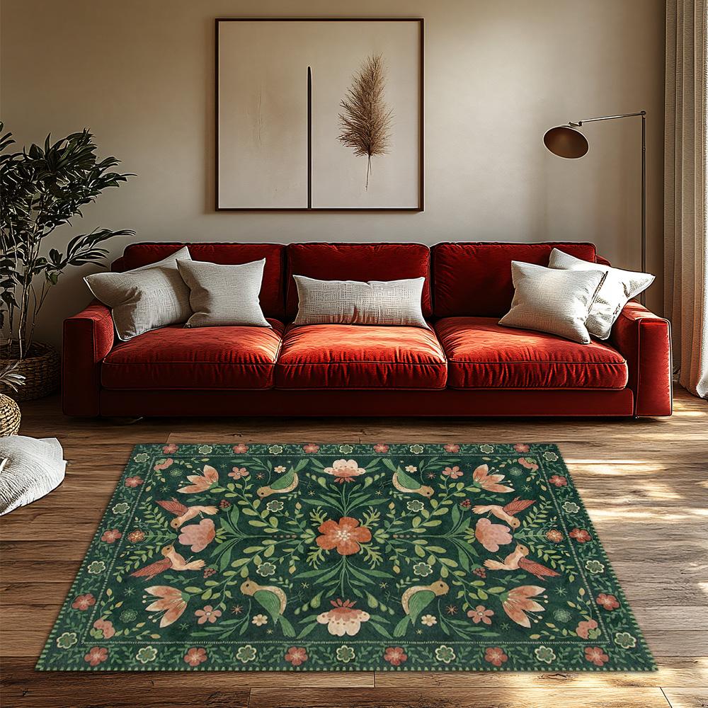 Dark Green Floral Bird Rug, Bohemian Garden Pattern Non-Slip Carpet, Pink Accent Living Room Mat for Nature Home Decor