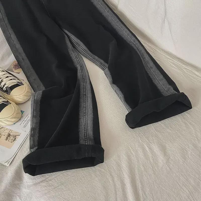 Women's Contrast Wide-Leg High-Waist Warm Jeans - Autumn/Winter Style with Velvet Lining and Slim Fit