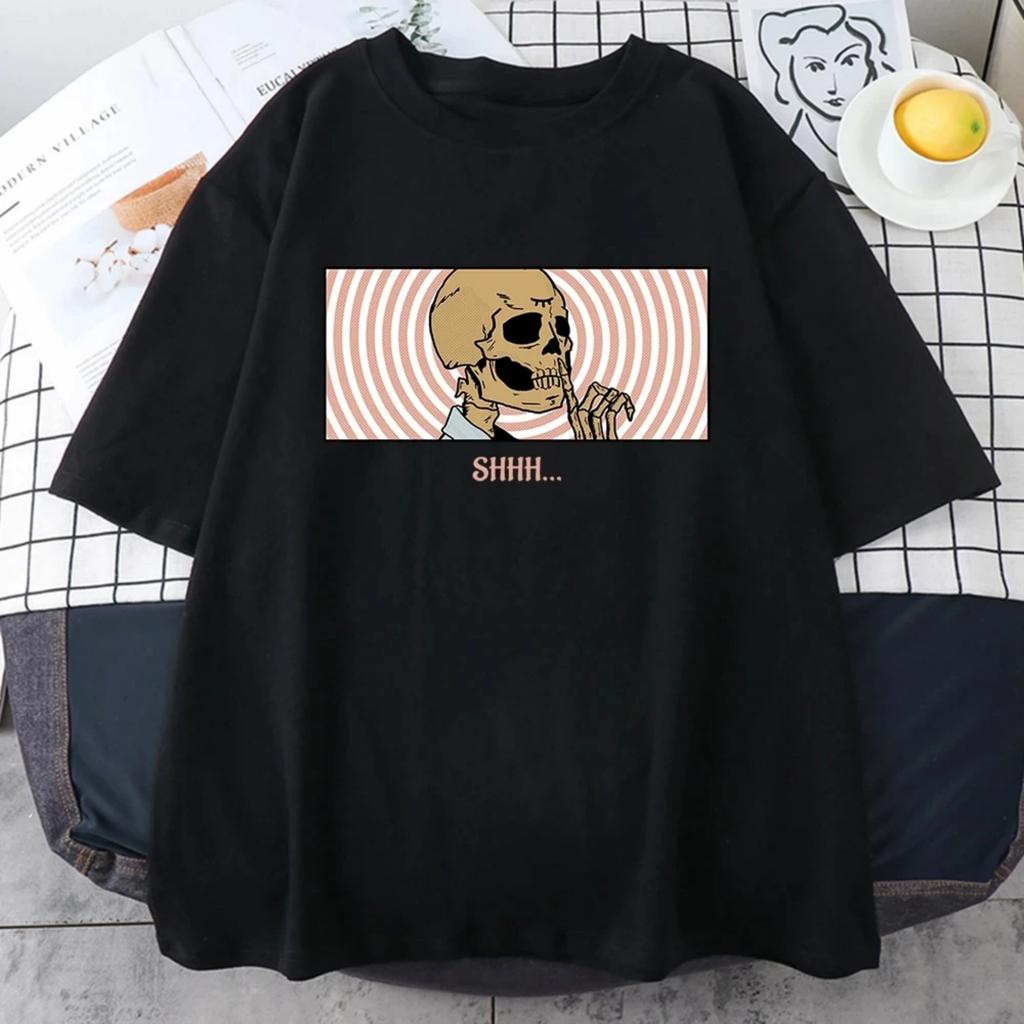 Shhh Keep Quiet Skeletons Mans Tee Clothing Personality Street Oversize Tops All-math T-Shirts Men Cotton Short Sleeve 71718