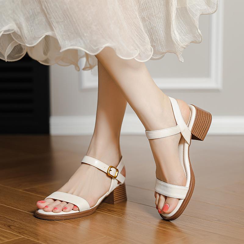 Summer new sandals women step on shit feeling medium heel thick heel one-word buckle belt Roman shoes wear holiday casual beach shoes