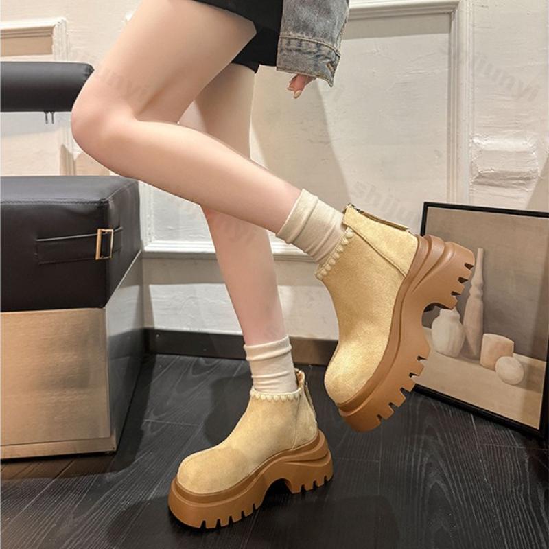 Women's Platform Short Boots 2026 Autumn Winter New Vintage Height Increase Casual Shoes Zipper Comfortable Non Slip Ankle Boots