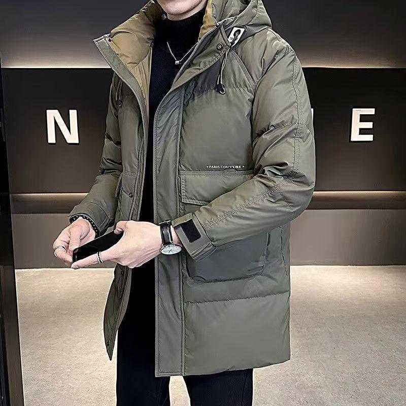 Herren Mittellange Trendige Daunenjacke: Hübscher, Lässiger, Verdickter, Warmer, Kälteschutz, Mit Kapuze, Wintermantel