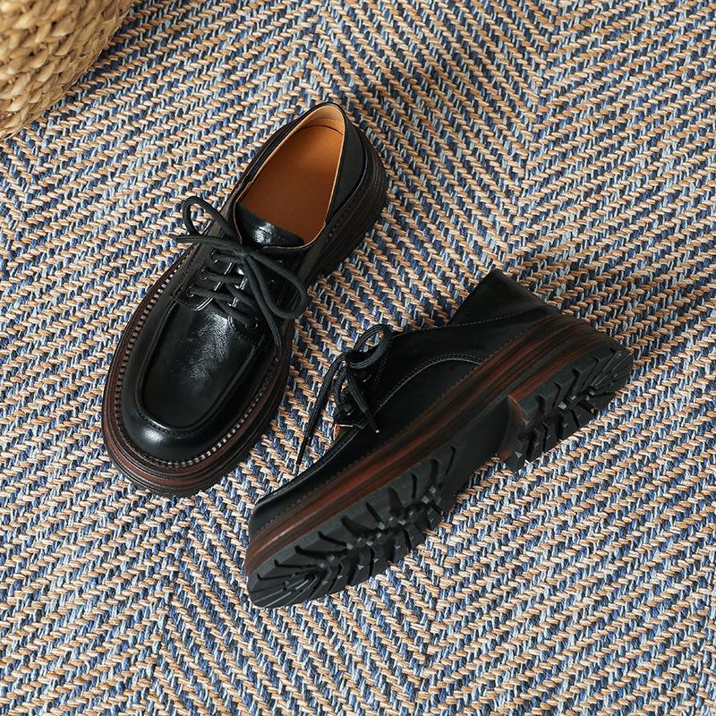 Platform small leather shoes women's British style 2025 spring and summer new single shoes round head thick heel sweet cool girls lace-up loafers