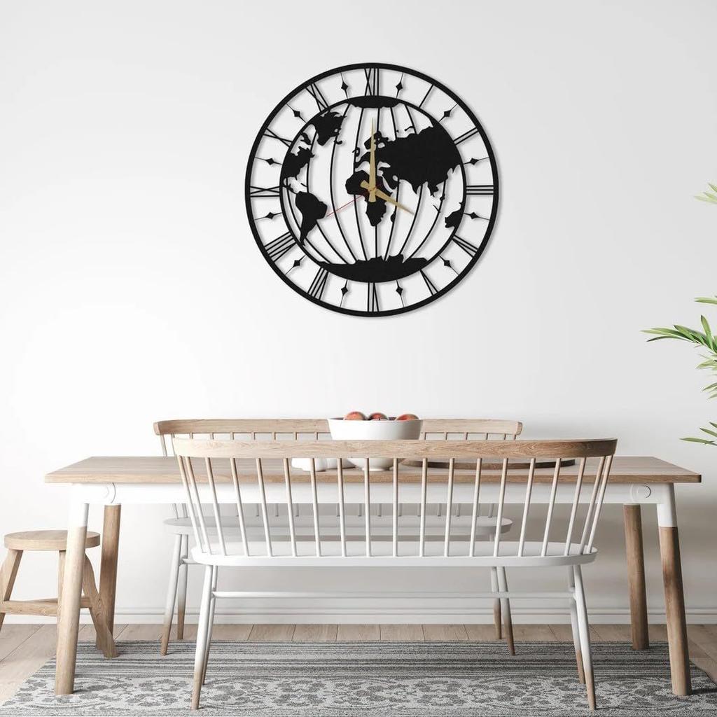 Große Weltkarte Wanduhr, Metall Minimalistische Moderne Uhr, Runde Leise Nicht-Tickende Batteriebetriebene Wanduhren für Wohnzimmer/Zuhause