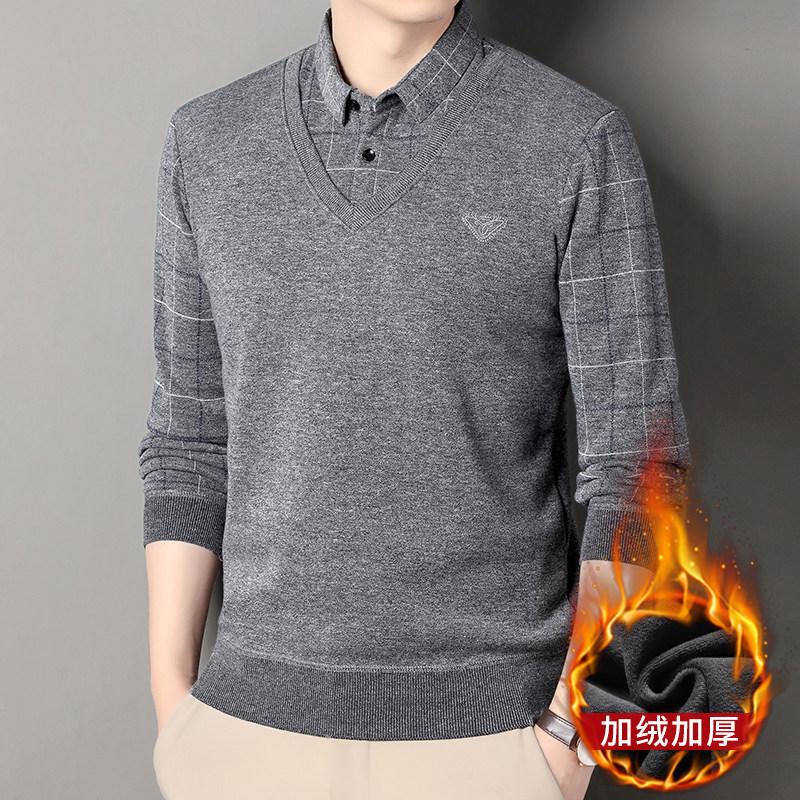 Fashion Autumn Winter Men Lapel Plaid Button Fake Two Pieces Streetwear Business Casual Plus Velvet Long Sleeve Polo Shirts Tops