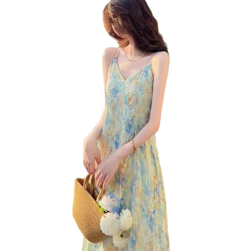 French v-neck floral suspender dress children's summer new seaside vacation style wear temperament dress