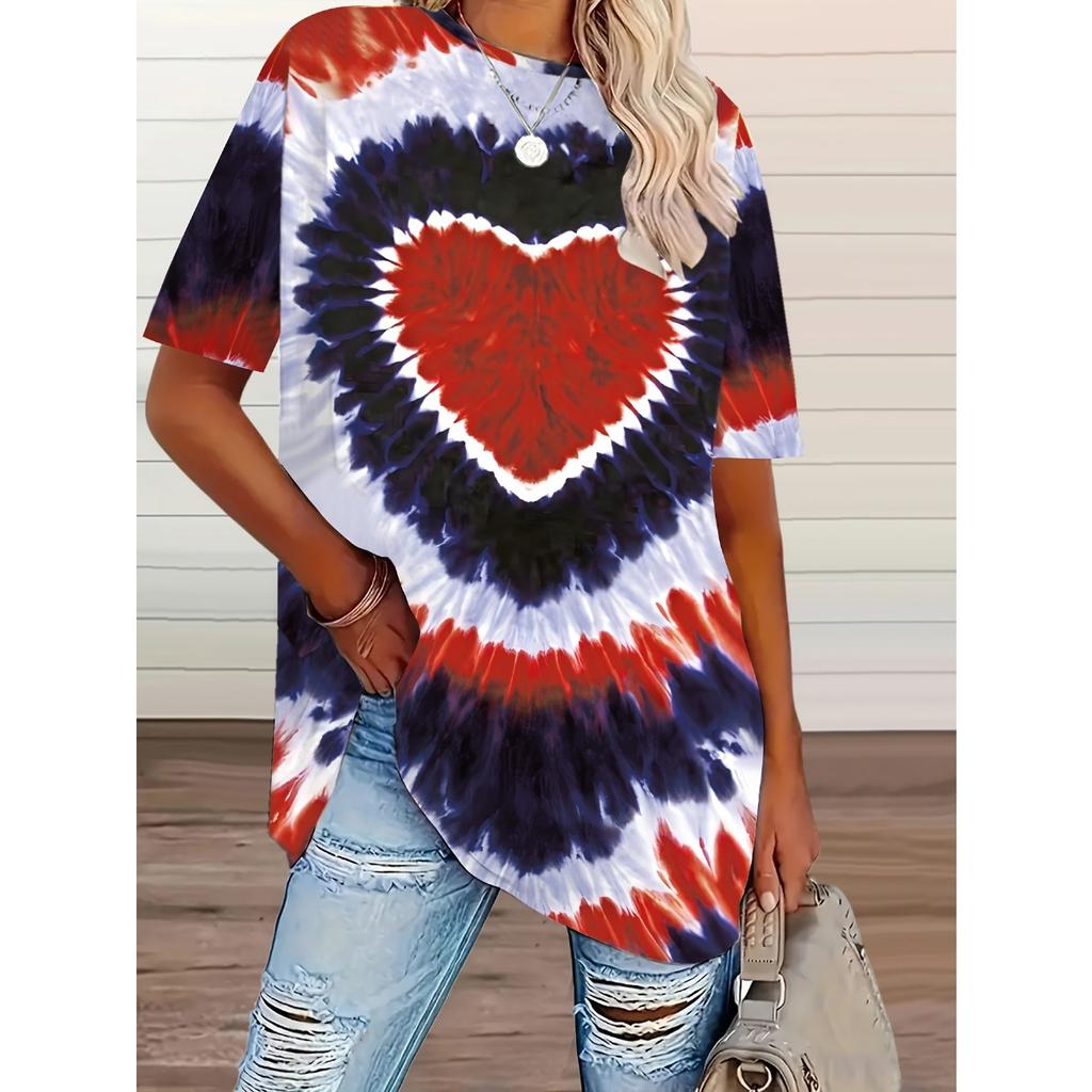 New Plus Size Women's Tie-dye Love Heart Print T-shirt, Casual Short Sleeve Top for Spring Summer
