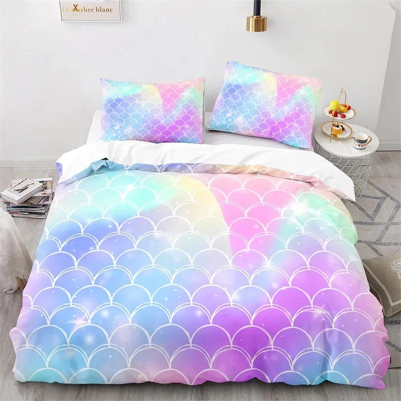Colorful Fish Scales Bedding Set Twin King For Kids Girl Blue Pink Mermaid Skin Surface Print Duvet Cover Polyester Quilt Cover