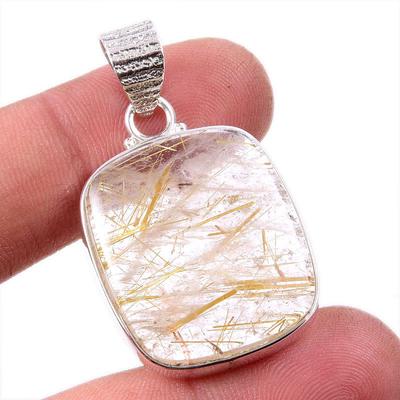 Natural Golden Rutile Gemstone 925 Solid Sterling Silver Gift Pendant 1.75" I1s75