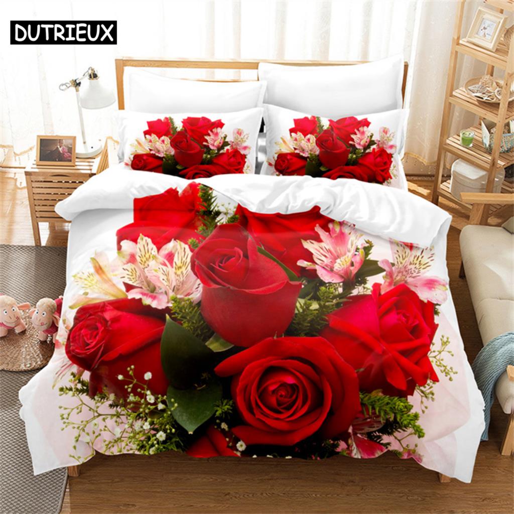 Luxury Red Rose Queen Bedding Set Duvet Cover Set Bedding Comforter Bedding Sets Bed Linen King Size Duvet Cover Bedding Set