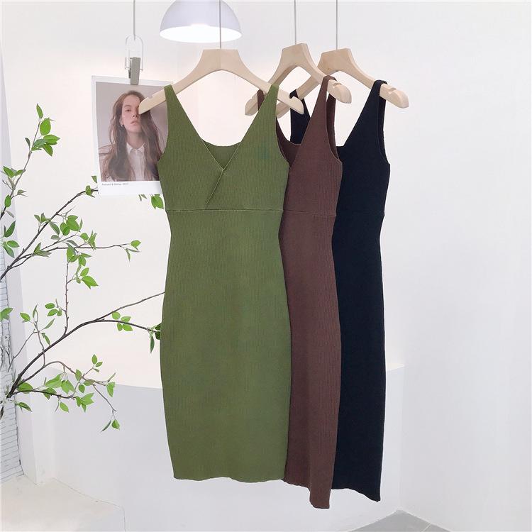 Elegant V-neck Sleeveless Bodycon Knit Dress for Women Medium