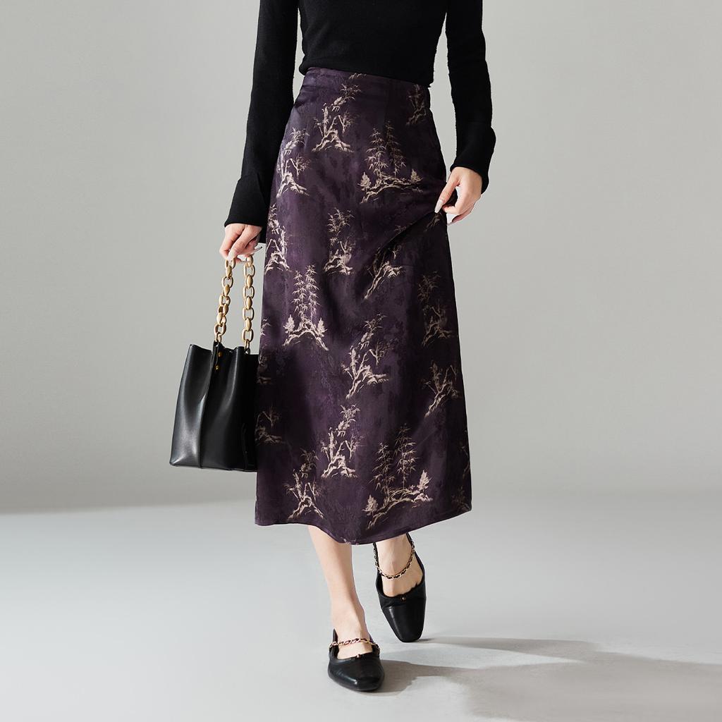 New Chinese Style Printed High Waisted Split Skirt 2026 Spring and Autumn Temperament Commuting Versatile Mid Length Skirt