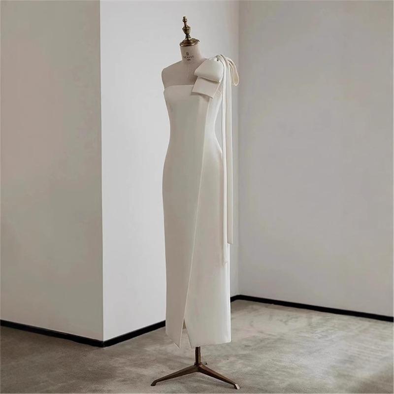 Single shoulder bow split long dress feeling banquet dress niche design elegant dress