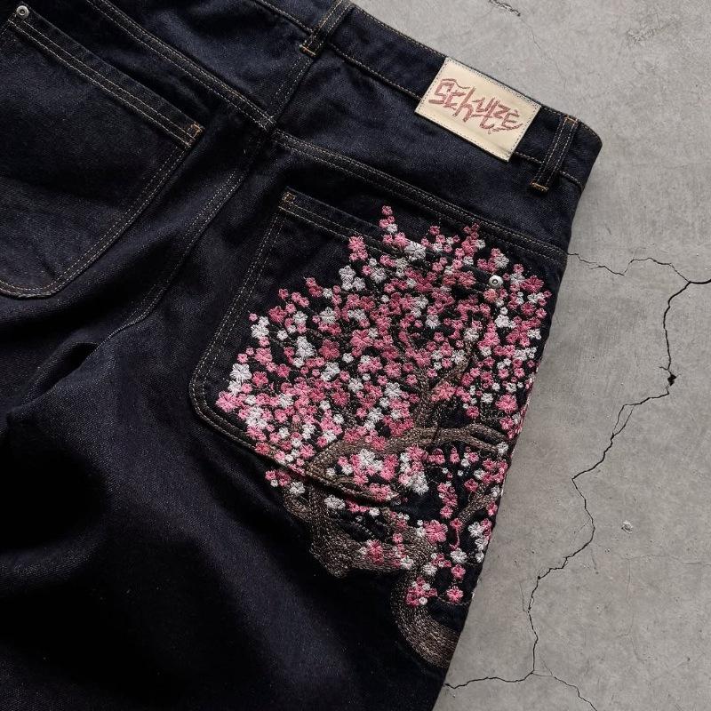 Y2K Baggy Jeans Cherry Blossom Selvedge Embroidery Denim Pants Men Women Denim Fabric American Hiphop Streetwear Wide Leg Jeans