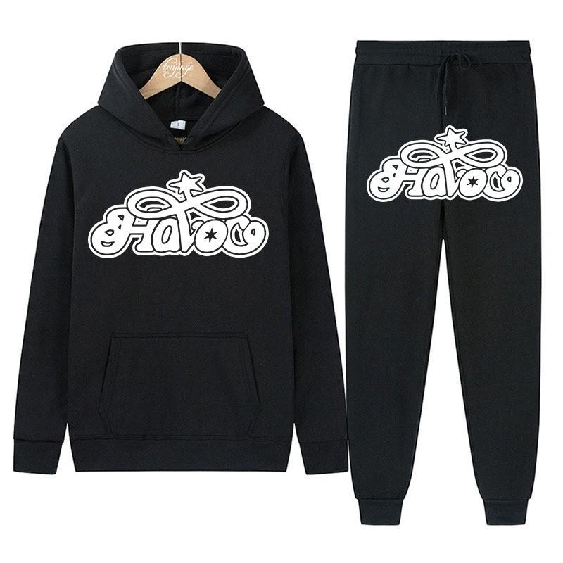 Men s European and American trendy brand HOVO printed hoodie casual sports set with fleece two-piece style S