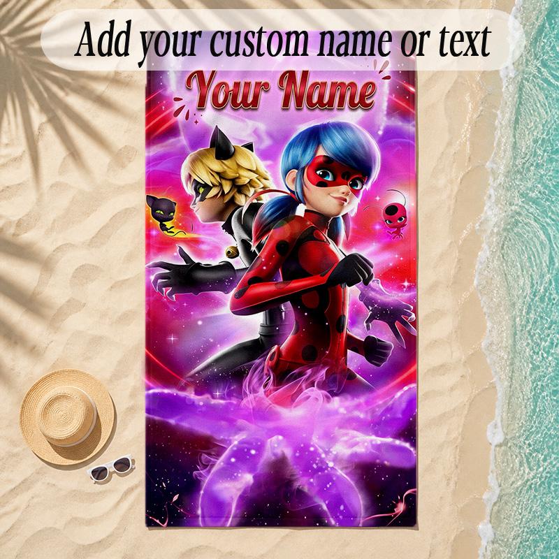Beach TowelMiraculous Ladybug Custom Name Text Personalized Soft Towel for Beach Pool Indoor Home Decor Gift