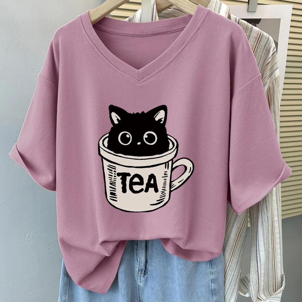 Plus Size 6XL 150KG Summer Cat Print Women's T-shirt Short Sleeve V Neck Lady Tops Big Large Size T Shirt Woman Clothing