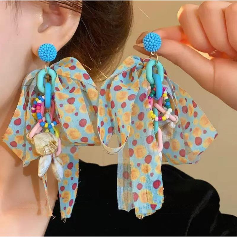Exquisite Summer Flower Earrings Sweet Chiffon Dangle Drop Earrings For Women Boho Tassel Ear Jewelry Beach Party Accessories
