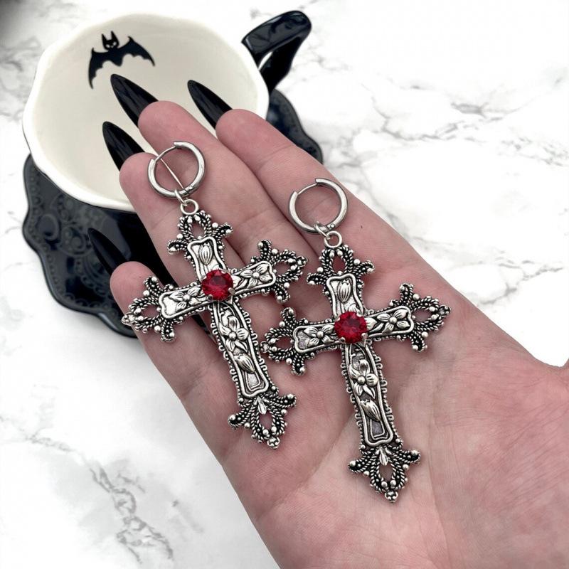 Large Silver Gothic Cross Earrings for Witchcraft and Vampire Style
