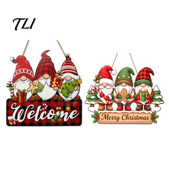 Holiday Atmosphere Wood Plaque Christmas Gnome Wooden Hanging Pendant, Cartoon Ornament, Merry Red And Green Sign Door for Home Shop Party Decoration