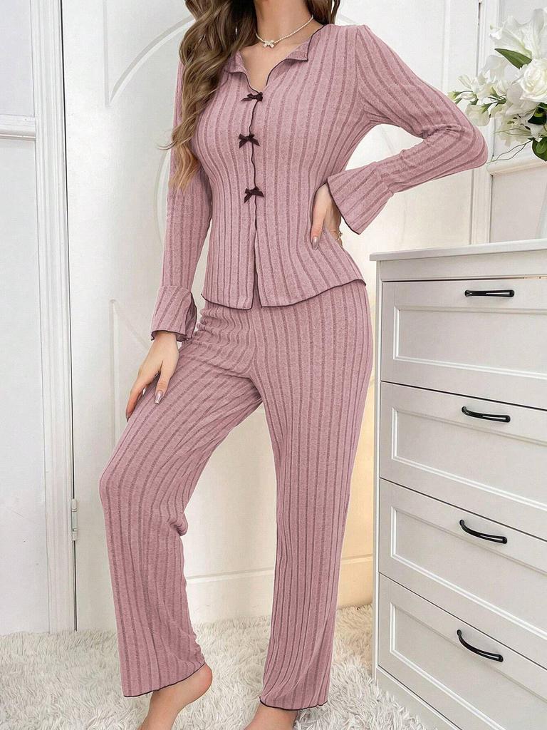 Europäischer und amerikanischer Damen-Revers-Schleifen-Pyjama-Set - Sexy Oberteil mit langen Ärmeln & lange Hose für Herbst/Winter
