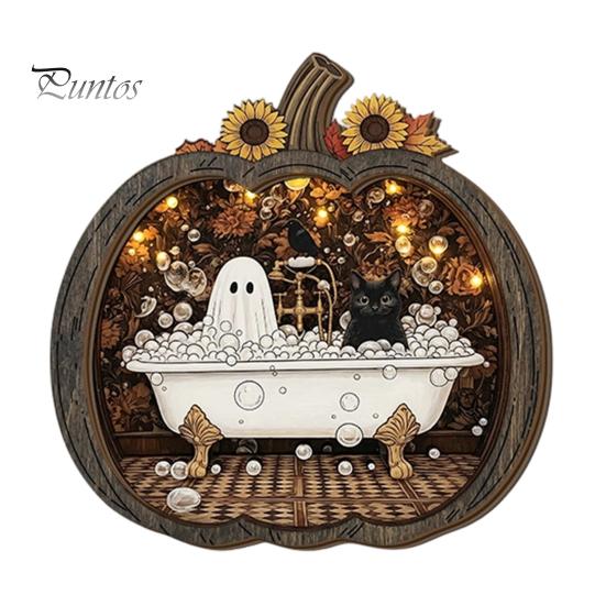 Fall Harvest Home Decoration Halloween Ghost Wooden Tabletop Ornament, 2D Flat Cute Reading Bathing Thanksgiving Table Centerpiece Watering