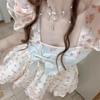 Summer New Floral Printed Bow Mini Dress Women Square Collar Fly Sleeve Sweet Vestido Women Slim A-line Robe