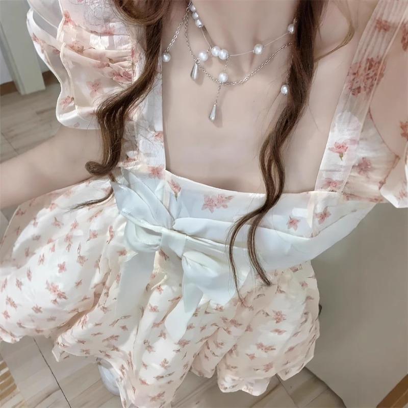 Summer New Floral Printed Bow Mini Dress Women Square Collar Fly Sleeve Sweet Vestido Women Slim A-line Robe