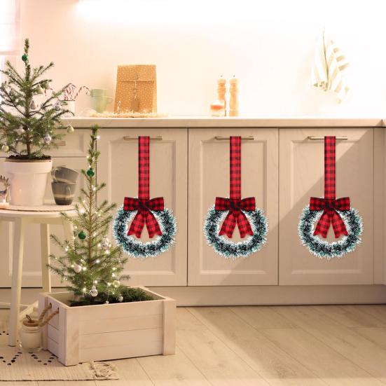 Mini Christmas Cabinet Wreaths 5.1 Inch Small Kitchen Xmas Decor with Red Ribbon Bow Plastic Rattan Fabric Window Door Office Holiday Decoration