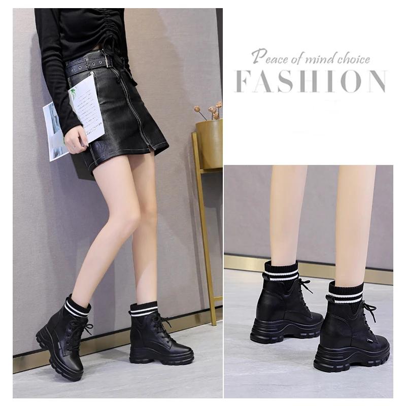 2025 Spring Autumn Shoes Women Ankle Boots Genuine Leather Single High Heels Botas Ladies Height Increasing 9cm Black Beige D352
