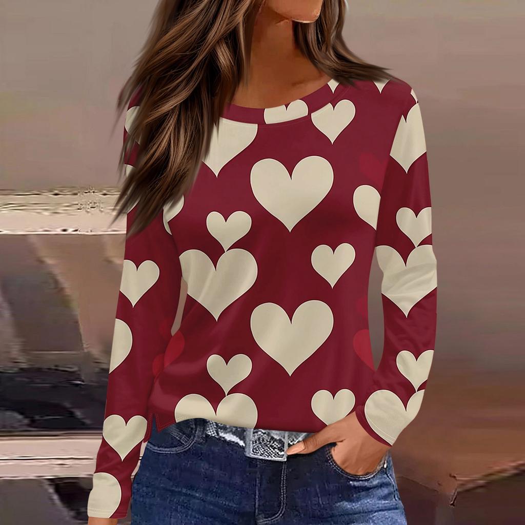 Women's Fashionable Long-Sleeved Round Neck Top with Slit Hem and Valentine's Day Heart Print