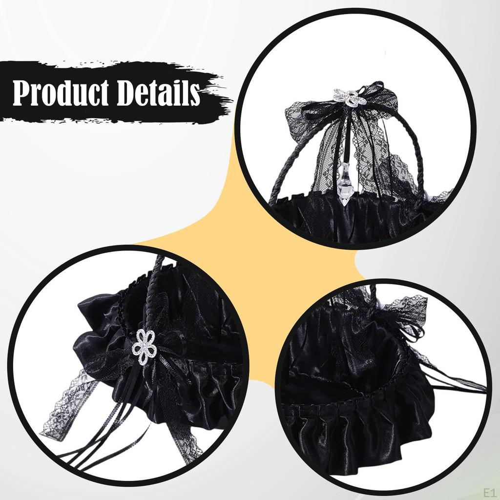 Bröllopsblomsterflickekorg Svart Tyg och Spets Lättviktig Brudaccessoar Förvaring Elegant