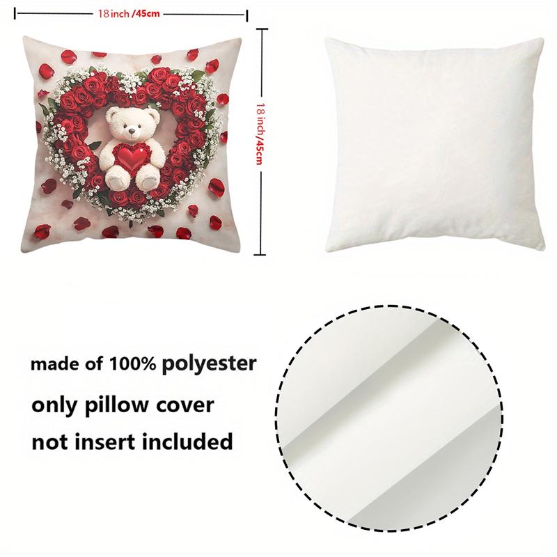 Teddy Bear Rose Heart Pillows 2D Flat Printing Polyester Pillowcase, Sofa Decorative Cushion Cov Headboard Pillow