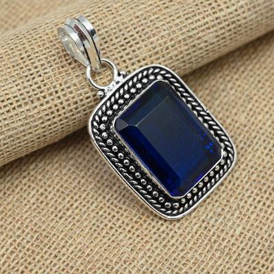 Lab-Created Blue Sapphire Gemstone 925 Sterling Silver Handmade Jewelry Anniversary Gift Pendant