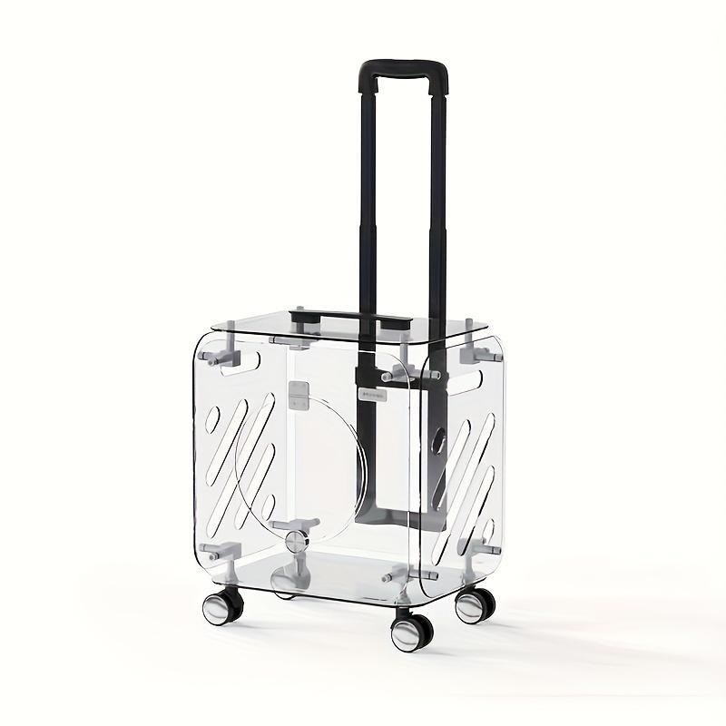 Portable Pet Cat Carrier Suitcase with Wheels, Transparent Hard PC Material, Zip Closure, Telescopic Handle, Breathable Mat,