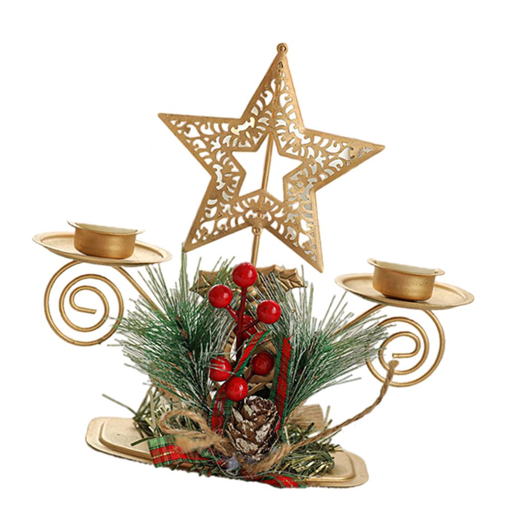 Gold Metal Double Candle Stand for Christmas Celebration Pinecones Berries Iron Candlestick Centerpieces Candle Holders