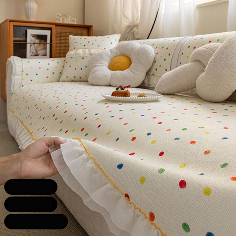 Dopamine Colored Dot Sofa Cushion Chenille Anti Slip And Cat Scratch Sofa Cover With Skirt Edge Comfort Adjustable Dust Cover