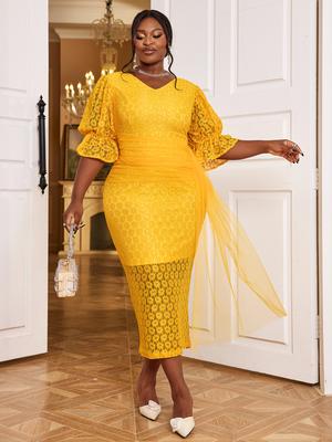 Yellow V Neck Lace Dress Half Lantern Sleeve High Waist Floral Package Hip Birthday Party Outfits for Ladies
